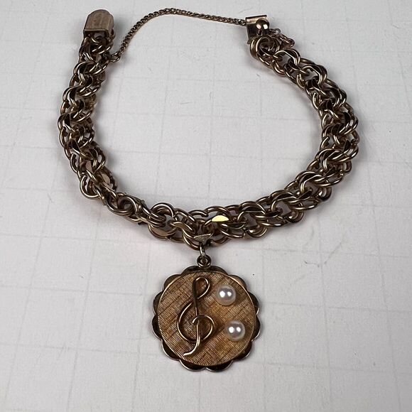 Kaco Jewelry - Vtg 1964 Kaco Signed 12K Gold GF Bracelet Band Sweetheart Treble Clef 2 Pearl